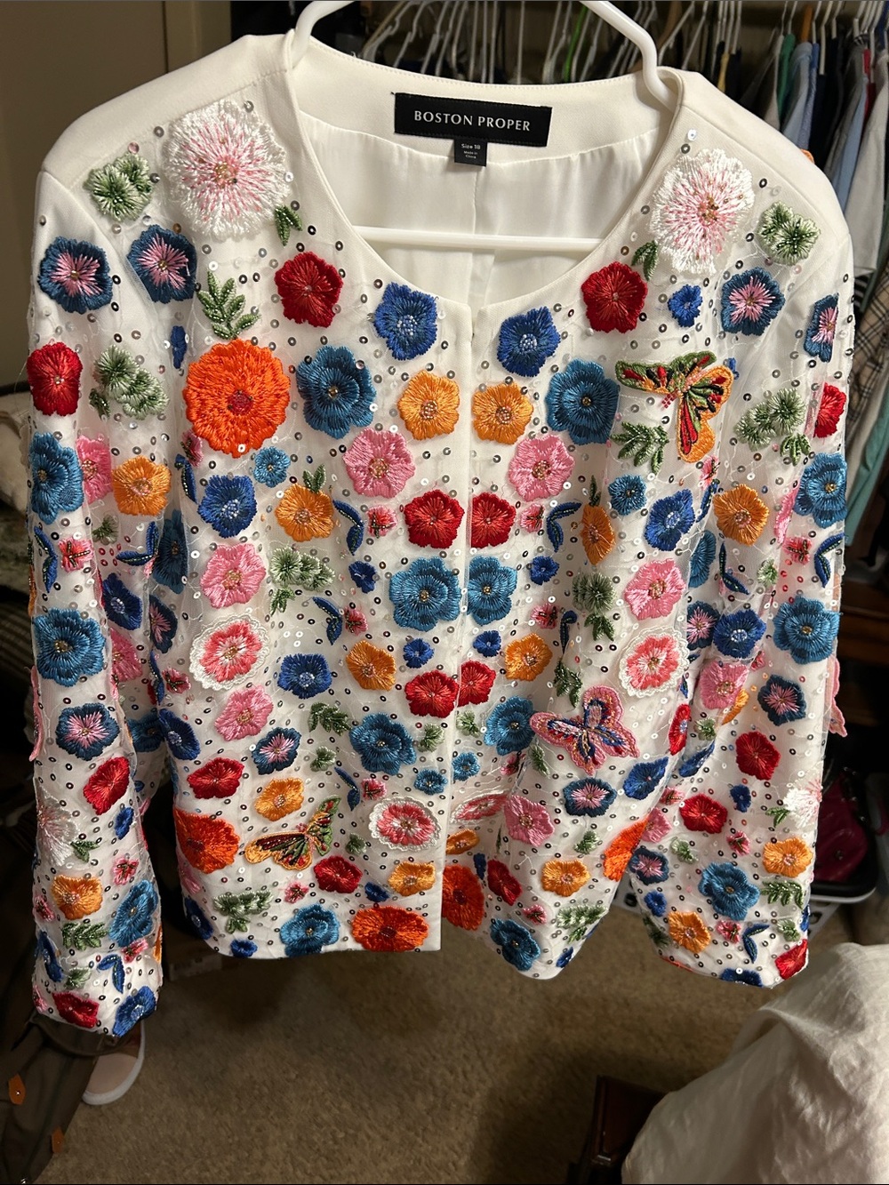 Boston Proper White Button-Front Top with Multicolor Floral Embroidery